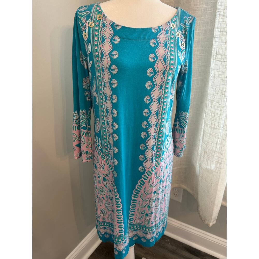 Lilly Pulitzer Dress Size M Turquoise Pink Print Midi Stretch Shift Resort Beach